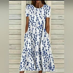 Womens Blue & White Floral, A-line, Maxi-dress, Size M, NWOT
